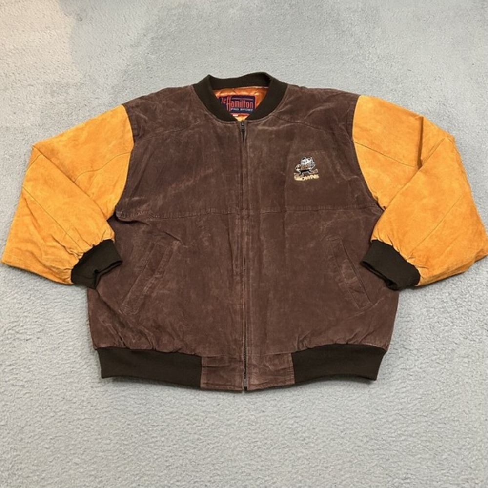 Vintage Cleveland Browns Jacket Mens 2XL XXL Brown Orange Leather‎ Jeff Hamilton